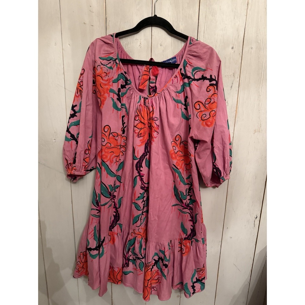 Ro's Garden Cotton Dress Anthropologie Pink Floral Puff Sleeve Boho Preppy Sz-M